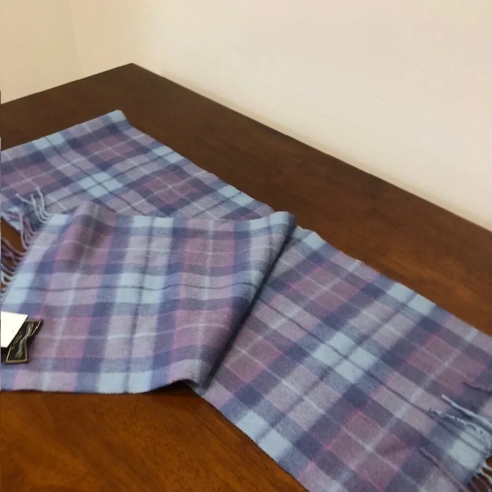 James Pringle Weavers Scotland Hand Crafted Purple Blue Plaid Wool Scarf NWT.